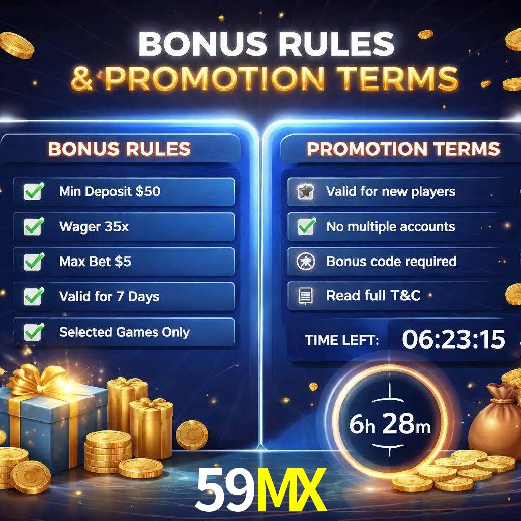 Reglas de promoción 59MX y condiciones de bonos explicadas visualmente