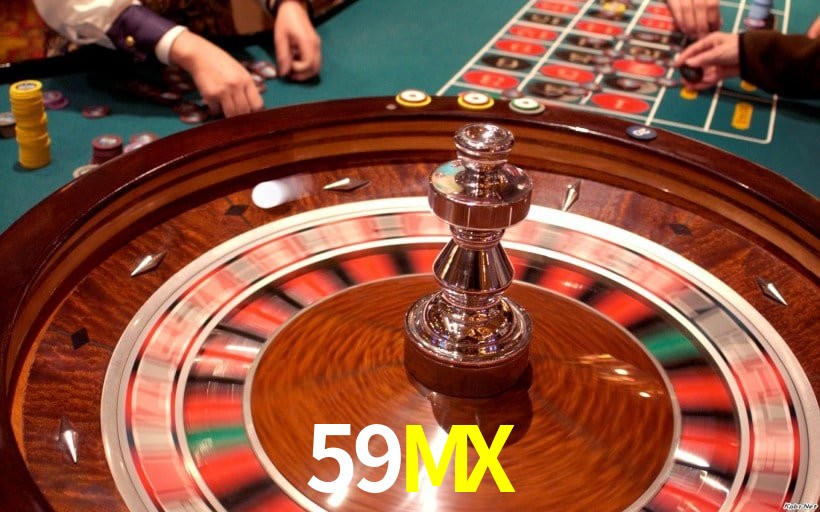 Escena dinámica inspirada en casino con iluminación 59MX, cartas, fichas e íconos de juegos digitales en un espacio moderno de juegos.