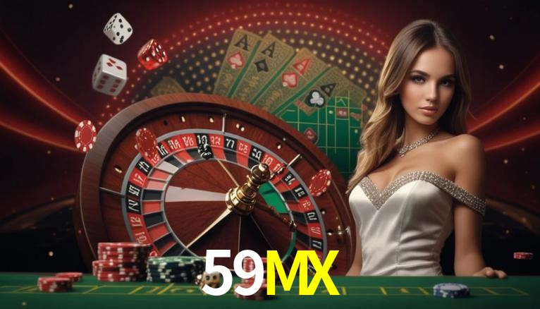 Una escena digital vívida inspirada en casino con 59MX mostrado prominentemente, luces brillantes, fichas, cartas y acentos dorados.