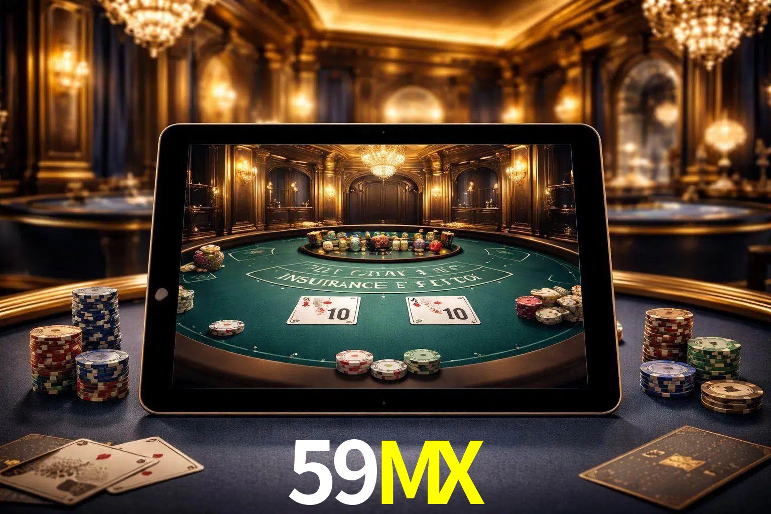 Configuración moderna de casino en vivo con una tableta mostrando una mesa de blackjack, luces cálidas de estudio y una atmósfera elegante de juegos digitales.