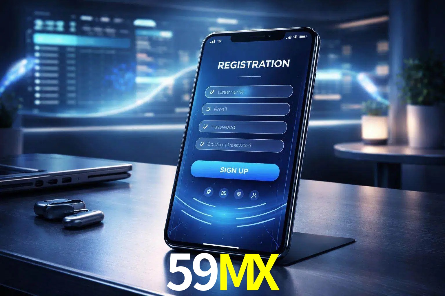 Una interfaz moderna de registro móvil para 59MX mostrada en un smartphone con un panel de apuestas elegante.